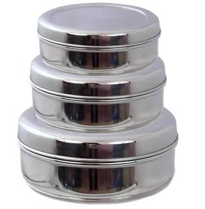 3Pc Stainless Steel Puri Dabba Tin Canisters Storage Set Cake Biscuit Containers - Picture 1 of 8