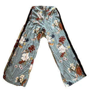 REAL CLOTHING Women's Medium Steal Blue Floral Pants W/ Side Stripe & Pockets- - Picture 1 of 9