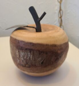 4.5" Dia Large Wood Wooden Apple w/Metal Stem & Leaf - Live Edge Bark