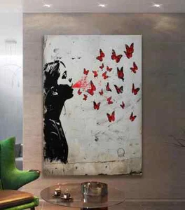 Banksy Red Butterflies Flying Art, Black Girl Wall Art Canvas Unframed Print Art - Picture 1 of 2