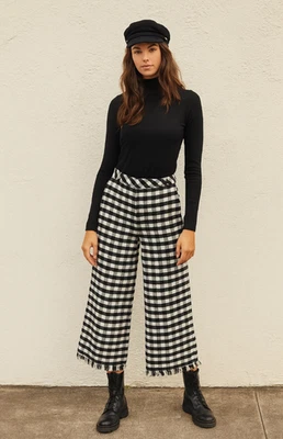 Brooks Brothers Tweed Wide Leg Crop Pant Womens 2 Gingham Plaid Frayed Hem - Image 1 of 4