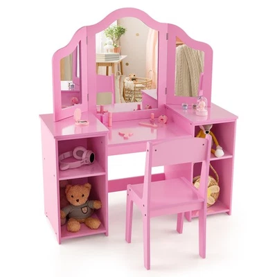 Tocador para niños 2 en 1 Princesa Maquillaje Escritorio y Silla Set Seguro Triple Espejo Rosa Foto 1 de 4