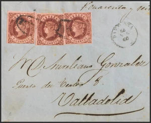 Navarra. Historia Postal. SOBRE 58(3). 1863. 4 cuartos castaño, tres sellos. P - Imagen 1 de 1