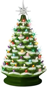 18 Zoll großer Keramik Weihnachtsbaum vorbeleuchtet handbemalt Tischplatte mattiert Dekor - Bild 1 von 7