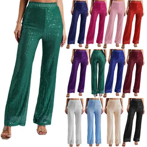 Freebily Womens Shiny Wide Leg Pants Fully Lining Loose Pants Bling Pants AU - Picture 1 of 52