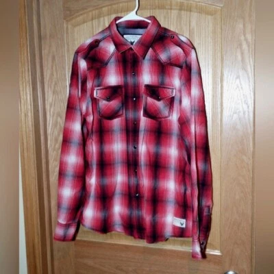 Company 81 xadrez cinza vermelho, manga longa preta pérola snap tamanho XL - Imagem 1 de 4