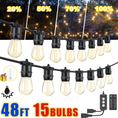 48FT Outdoor LED String Light IP65 S14 Edison Bulb Remote Dimmer Timer Garden US - Image 1 of 4