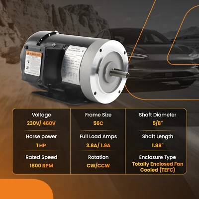 Air Compressor 1HP Electric Motor Three Phase 5/8" Shaft 1800RPM 230V/460V 60HZ - Image 1 of 4
