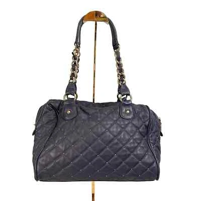 Paradox Navy Blue Genuine Leather Chain Strap Quilted Satchel Shoulder Hand Bag - Image 1 of 4