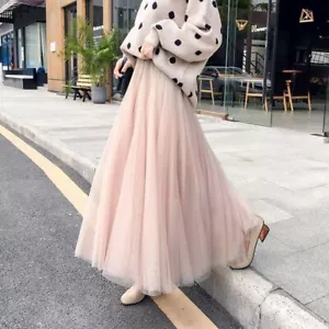 Women Long Tulle Skirt Tutu Dress High Waist Mesh Pleated A-line Maxi Skirts @@ - Picture 1 of 15