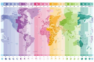 POSTER LAMINATO Fusi Orari Apprendimento Scuola Asilo Geografia Mappa del Mondo Oceani - Foto 1 di 1
