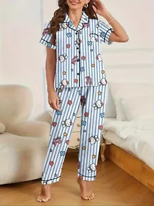 New Ladies Hello Kitty Blue Stripe Pajama Set Sz. L (8-10) - Picture 1 of 5