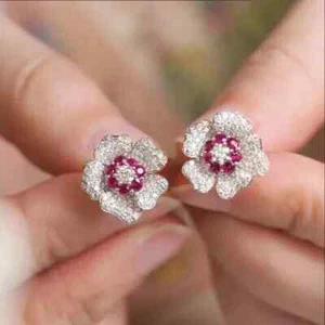4Ct Round Cut Lab Created Diamond & Red Ruby Earrings Stud 14K White Gold Plated - Picture 1 of 4
