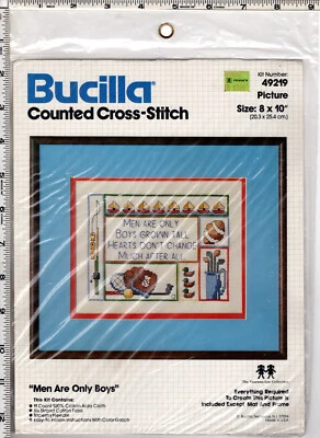 "Men Are Only Boys" Vintage Bucilla Counted Cross Stitch Kit # 49219 NIP SEALED - Image 1 of 4