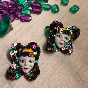 Mardi Gras Pierced Button Earrings  Carnival Porcelain Face Masks Sequins - Picture 1 of 4