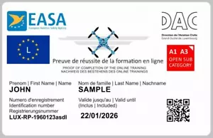 LUXEMBOURG Drone Regulatory ID card for EASA A1/A3 category holders CARD ONLY - Picture 1 of 2