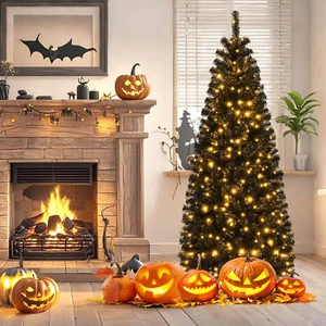 Costway 6' Pre-lit PVC Christmas Halloween Pencil Tree Black w/ 280 LED Lights - Picture 1 of 7