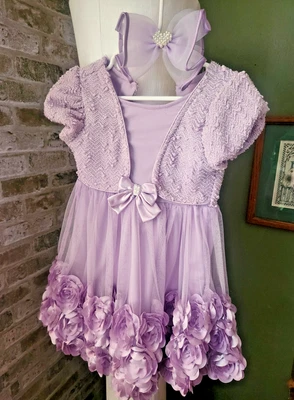 Pageant Dress Lavender Party Dress w/ Bow Hair Clip - Size 3T Flower Tulle Skirt - Image 1 of 4