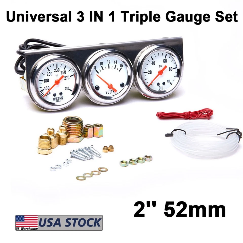 Universal Car Meter Auto Triple Gauge Kit Water/Volt/Oil 2'' 52mm DC 12V Chrome - Image 1 of 4