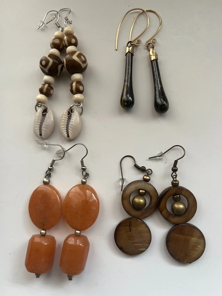 珍珠 Cowrie Tiger 眼睛 Aventurine 穿孔耳环 4 双悬垂 3 英寸美国制造 K4 — 第 1/4 张图片