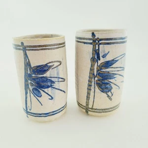Handcrafted Beige & Blue Pottery Tumbler Set of 2, Abstract Floral Artist Signed - Picture 1 of 8