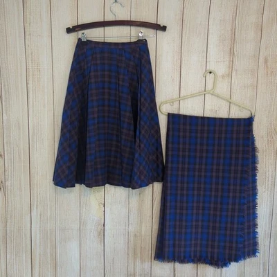 Conjunto de bufanda falda a cuadros azul púrpura ciruela vintage Miss Pendleton lana cintura alta  Foto 1 de 4