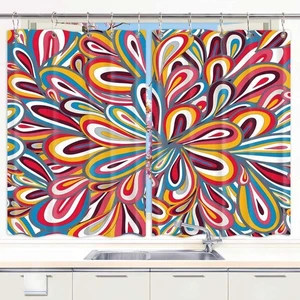 Abstract Colourful Boho Kitchen Curtains Window Drapes 2 Panel Set with Hooks - Picture 1 of 10