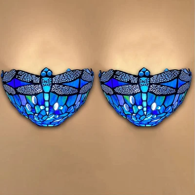 Pair of Dragonfly Style Tiffany Night Wall Sconce 12" Blue Shade Stained Glass - Image 1 of 4