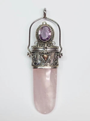 DETALLADO Plata Esterlina Cuarzo Rosa Amatista Veneno Pastillero Colgante Amuleto Foto 1 de 4