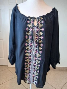 united world wear womens blouse black 3/4 ballon sleeve tassed embroired size XL - Picture 1 of 15