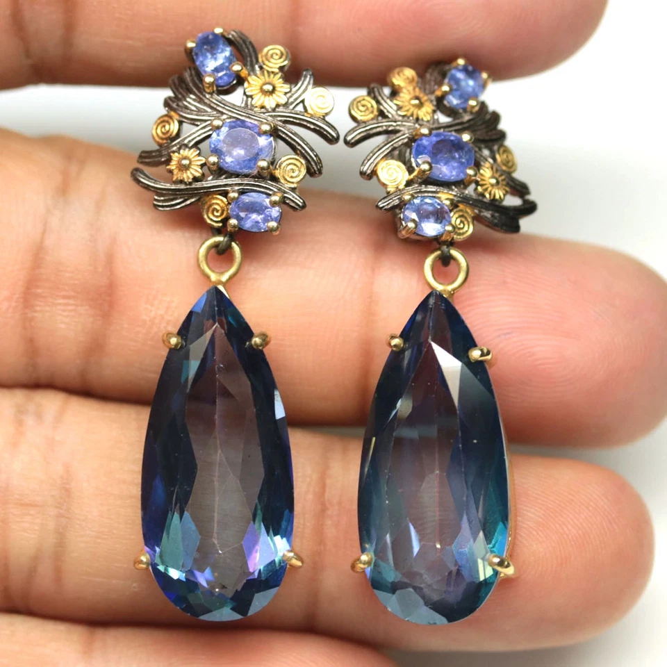 925 Silver Azotic Multicolor Topaz & Tanzanite Handmade Two Tone Earrings - Image 1 of 3