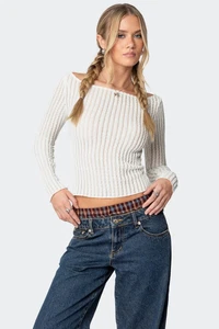 EDIKTED White Textured Sheer Boat Neck Top SIZE Small S - Picture 1 of 12