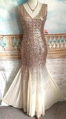 Dress 12 14 Gold Sequin Ballgown Chiffon Maxi GODDIVA Long Gatsby Formal Prom - Image 1 of 4