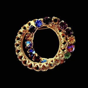 Vintage Interlocking Double Rings Gold Tone & Rainbow Colors Rhinestones - Picture 1 of 6