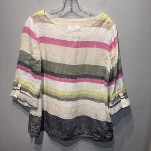 Charter Club Lux Linen Striped Top Multicolor Beach Coastal Roll Tab Sleeves SzM - Picture 1 of 8