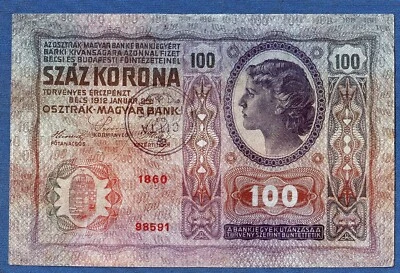 100 coronas cien coronas 1912. Austria - Hungría Billetes CITTA DI FIUME sello Foto 1 de 2