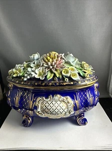 Sevres Handpainted Blue Porcelain Casket Dish With Lid Applied Flowers - Picture 1 of 24