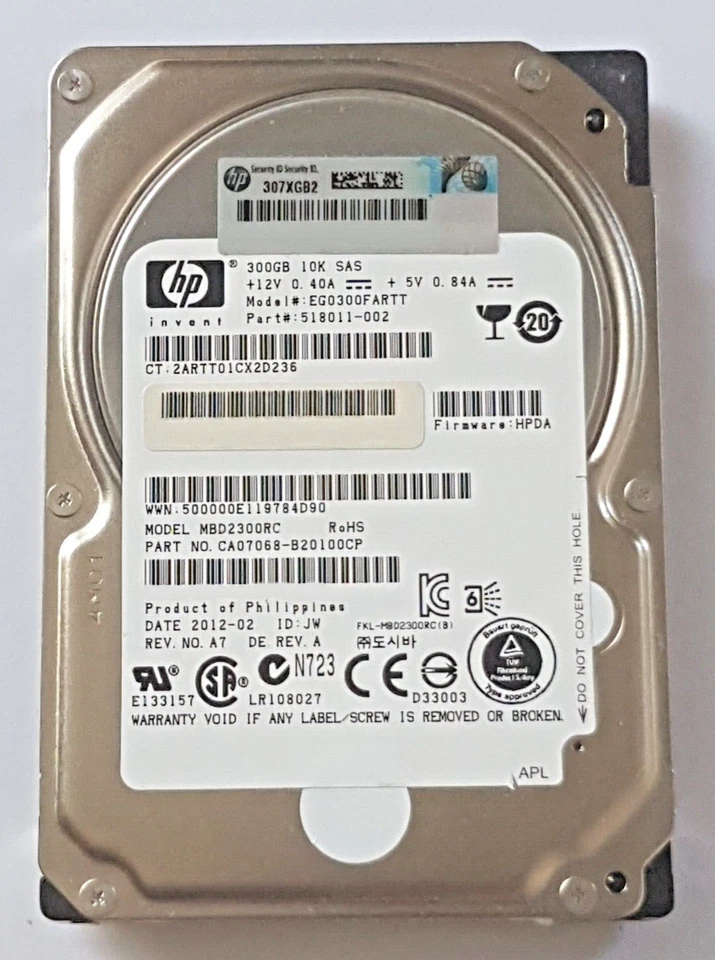 300 GB SAS HP EG0300FARTT 10K 16MB Hot-Pluggable Dual Port HDD 2,5" Disco Rigido - Immagine 1 di 1