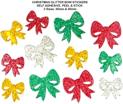 GILCHRIST Christmas Glitter Bows Peel & Stick Foam Craft Stickers 5 Colours, 2 Sizes Pk 30