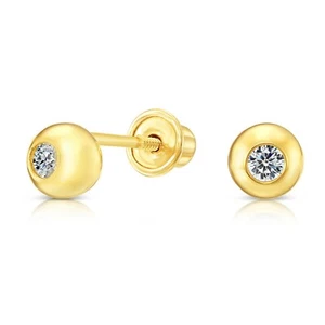 10K Real Solid Yellow Gold Baby Bezel CZ Stud Earrings Screw-back Sleeper Studs - Picture 1 of 8