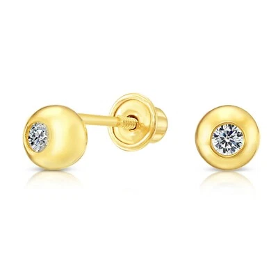 10K Real Solid Yellow Gold Baby Bezel CZ Stud Earrings Screw-back Sleeper Studs - Image 1 of 4