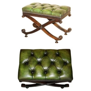 FINE ANTIQUE VICTORIAN GREEN LEATHER RESTORED CHESTERFIELD TUFTED FOOTSTOOL - Picture 1 of 14