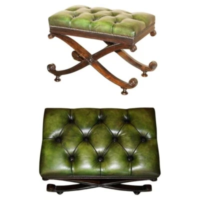FINE ANTIQUE VICTORIAN GREEN LEATHER RESTORED CHESTERFIELD TUFTED FOOTSTOOL - Image 1 of 4
