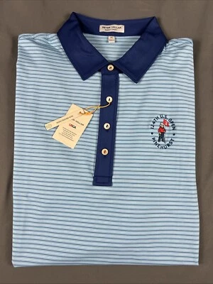 Camisa polo de golfe Peter Millar Pinehurst logotipo aberto EUA poliéster listrado azul GG - Imagem 1 de 4