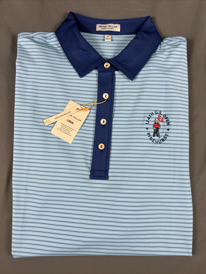 Camisa de Golf Peter Millar Polo Pinehurst EE. UU. Logo Abierto XL Azul Poliéster a Rayas Foto 1 de 4