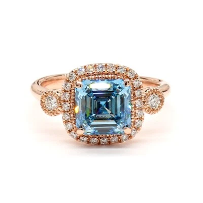 Anillo de diamantes azules de lujo de oro rosa de 14 k talla Asscher E VVS2 CVD cultivado en laboratorio de 2,03 quilates Foto 1 de 4