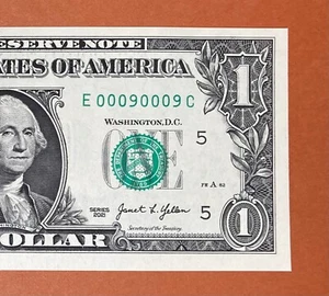 E 00090009 C : BINARY $1 One Dollar Bill Fancy Serial Number 2021 Series *UNC* - Picture 1 of 3