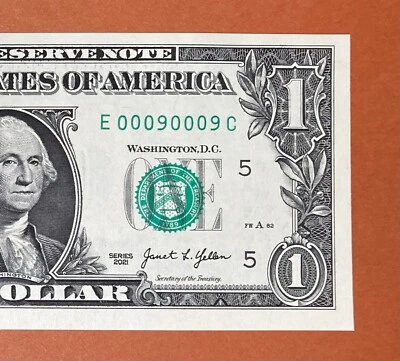 E 00090009 C : BINARY $1 One Dollar Bill Fancy Serial Number 2021 Series *UNC* - Image 1 of 3
