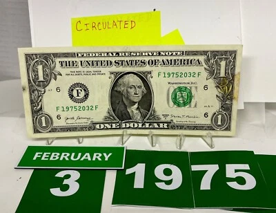 Birthday/Anniversary Dollar February 3 1975 . Fancy Serial Number Circulated - Image 1 of 4