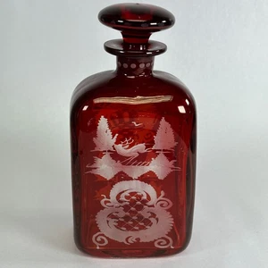 Egermann Bohemian Ruby Red Cut to Clear Glass Decanter Deer - Antique - Picture 1 of 7